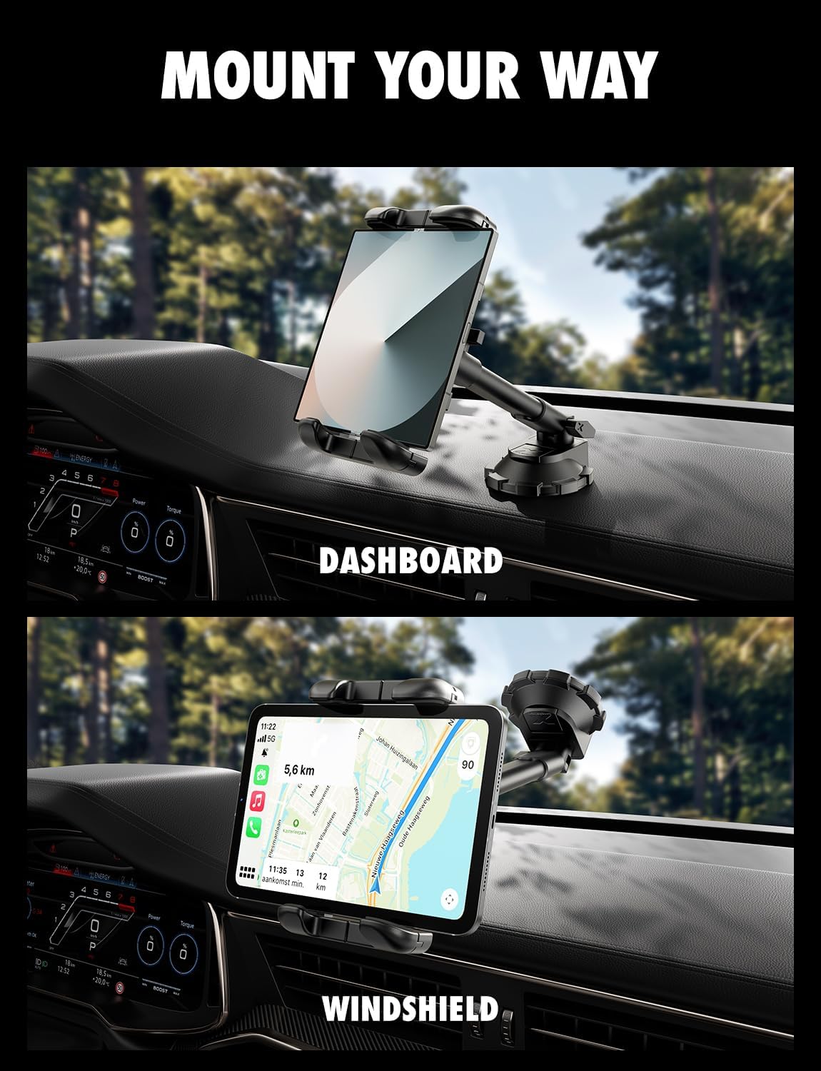 Bracketron TEKGRIP Tablet Holder for Car Windshield & Dashboard - 360° Adjustable Tablet Car Mount with Extendable Arm - Fits iPads & Tablets up to 13”