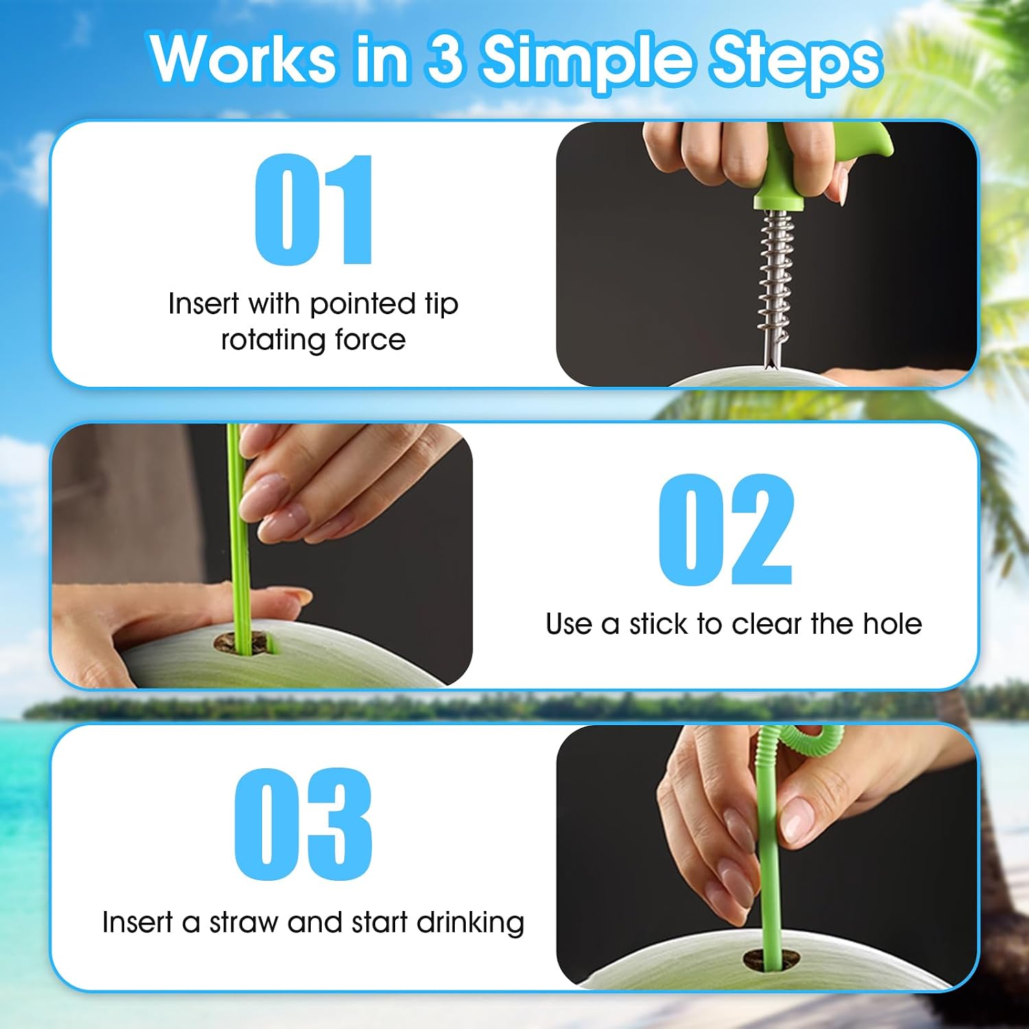 Coconut Opener and Scraper Tool Set, Stainless Steel Coconut Drill Punch for Fresh Young Green Coconuts, 2-in-1 Coconut Water and Meat Extractor Kit with Cleaning Stick, Dishwasher Safe