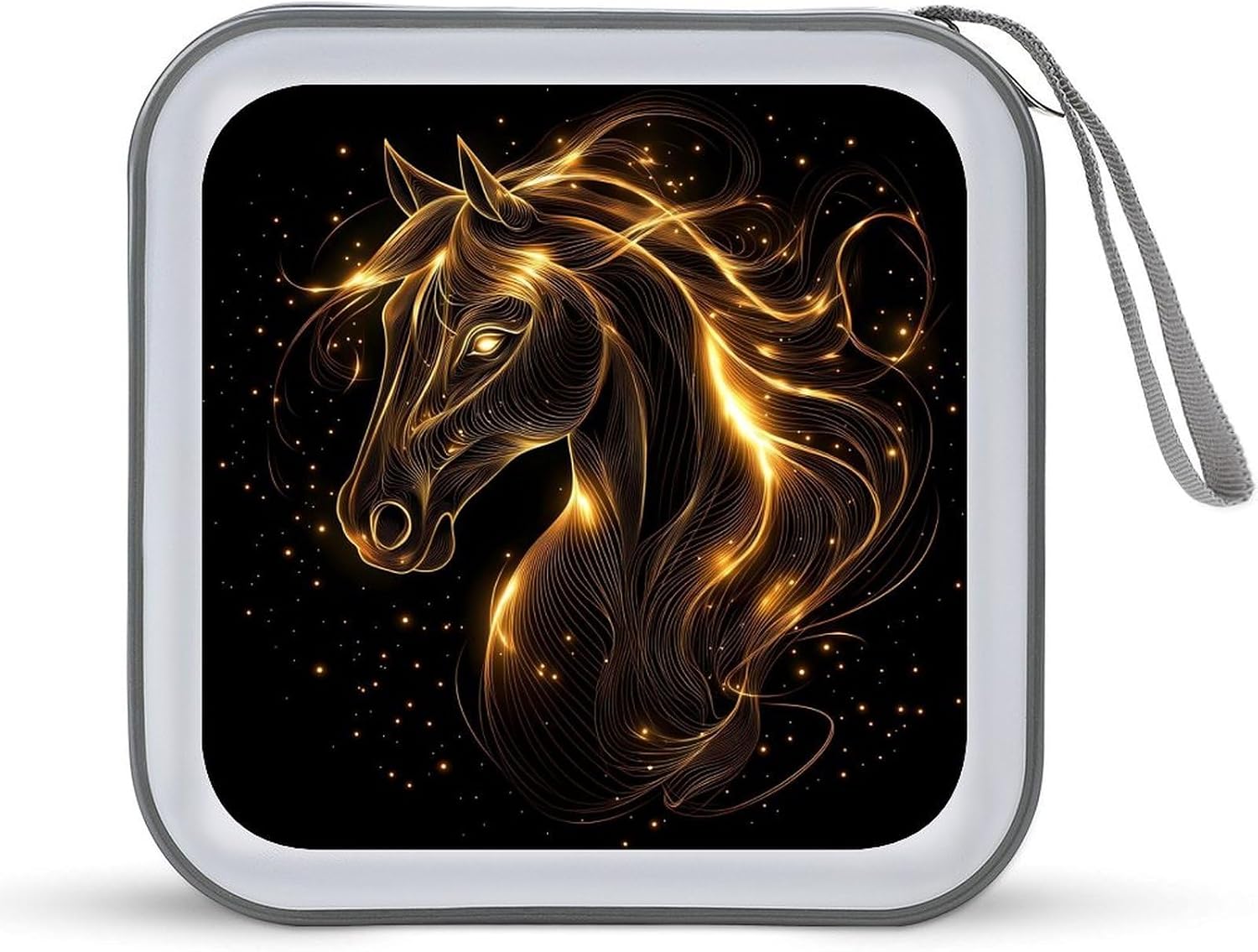 Glowing Golden Horse Head CD Case DVD Storage Holder Binder 40 Capacity | protective,hard case,protable loop,travel car use,zippered closure