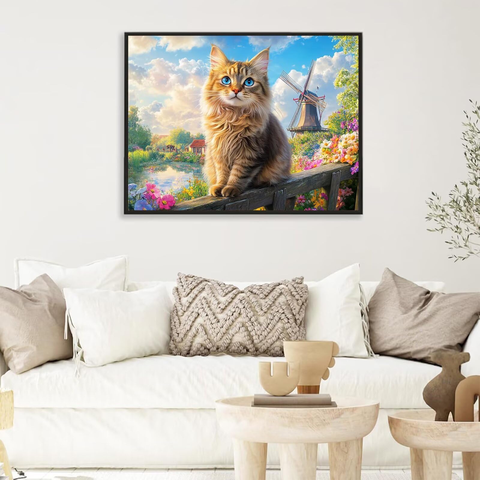 Peinture Numéros Adulte chat moulin à vent, Peinture Numero avec Pinceaux, Loisirs Créatifs Adultes, Design Moderne Esthétique, Décoration Murale pour Salon & Chambre Sans Châssis 50x70cm m5g-304