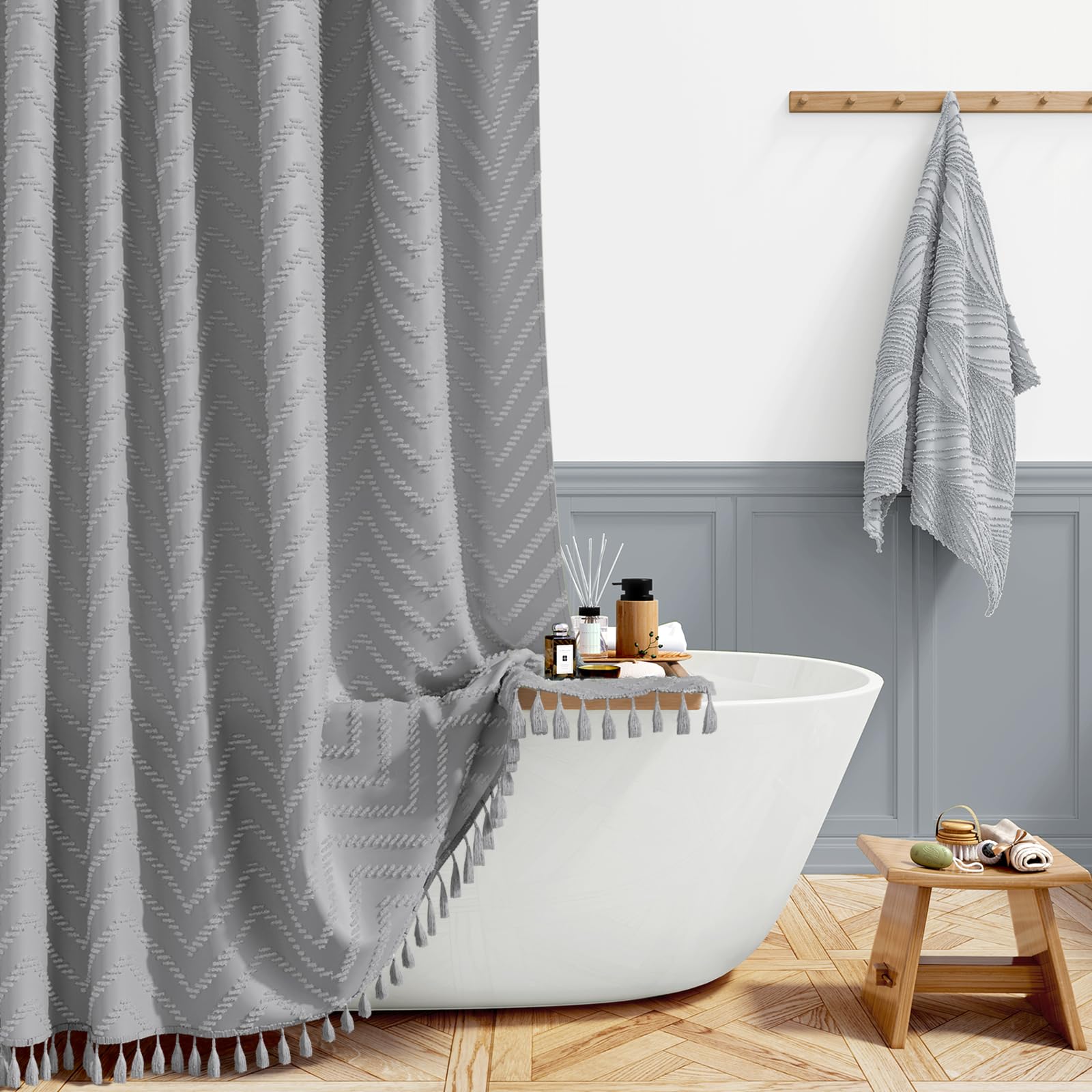 Bttn Grey Boho Tufted Chevron Shower Curtain, 183X186cm With Tassel,