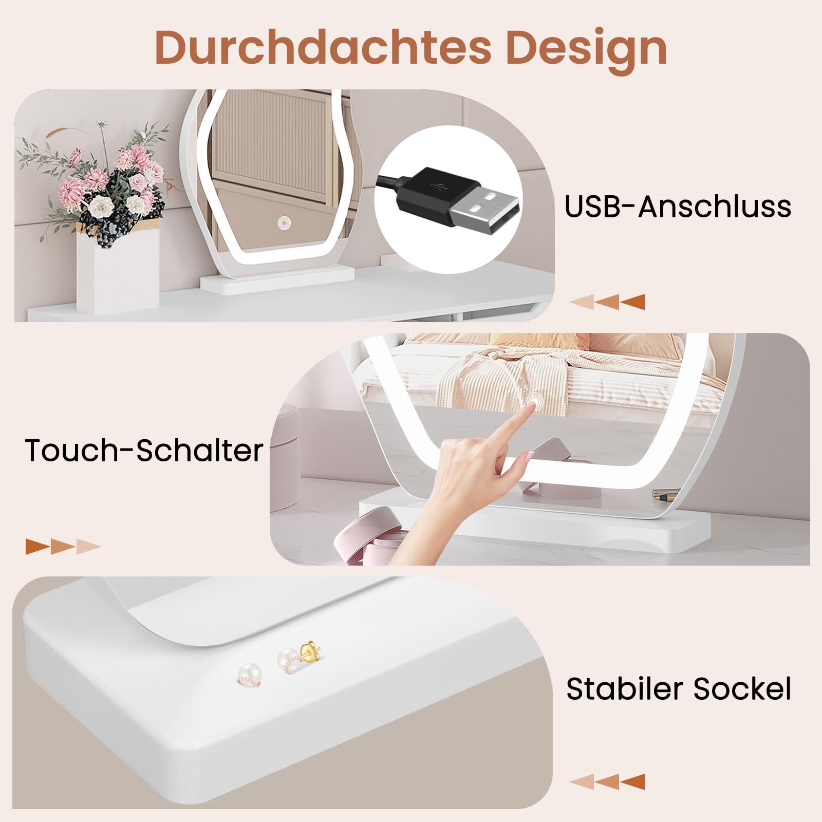 WOLTU Spiegel Schminktisch mit Beleuchtung, 3 Lichtfarben, unregelmäßiger Schminkspiegel in Wolkenform, moderner Kosmetikspiegel, Tischspiegel für Schminktisch und Schlafzimmer, 39 × 53 cm, Weiß