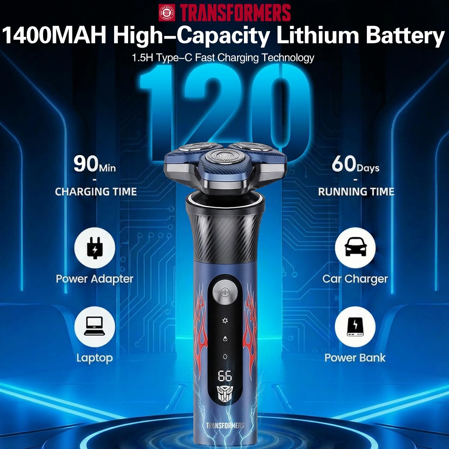 TRANSFORMERS Electric Razor for Men, 2-Speed Adjustable Shaver, IPX7 Waterproof, USB-C Fast Charging, LED Display, Smart Anti-Snag Beard Trimmer for Sensitive Skin, Mens Grooming Gift（Blue）