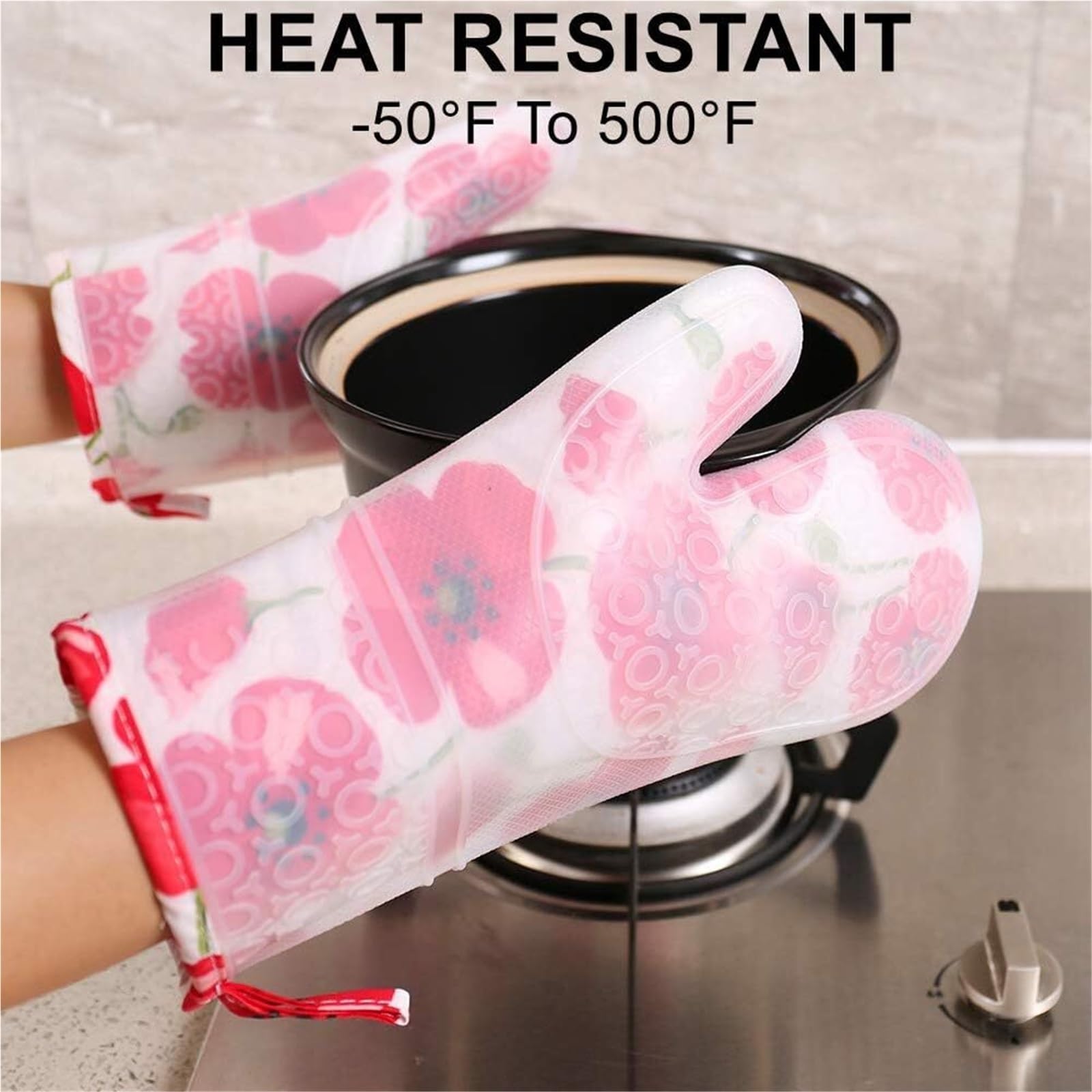Gants de Cuisine 1 Paire De Gants De Cuisine Résistants À La Chaleur, Coque Extérieure En Silicone Transparent Et Doublure En Coton Manique