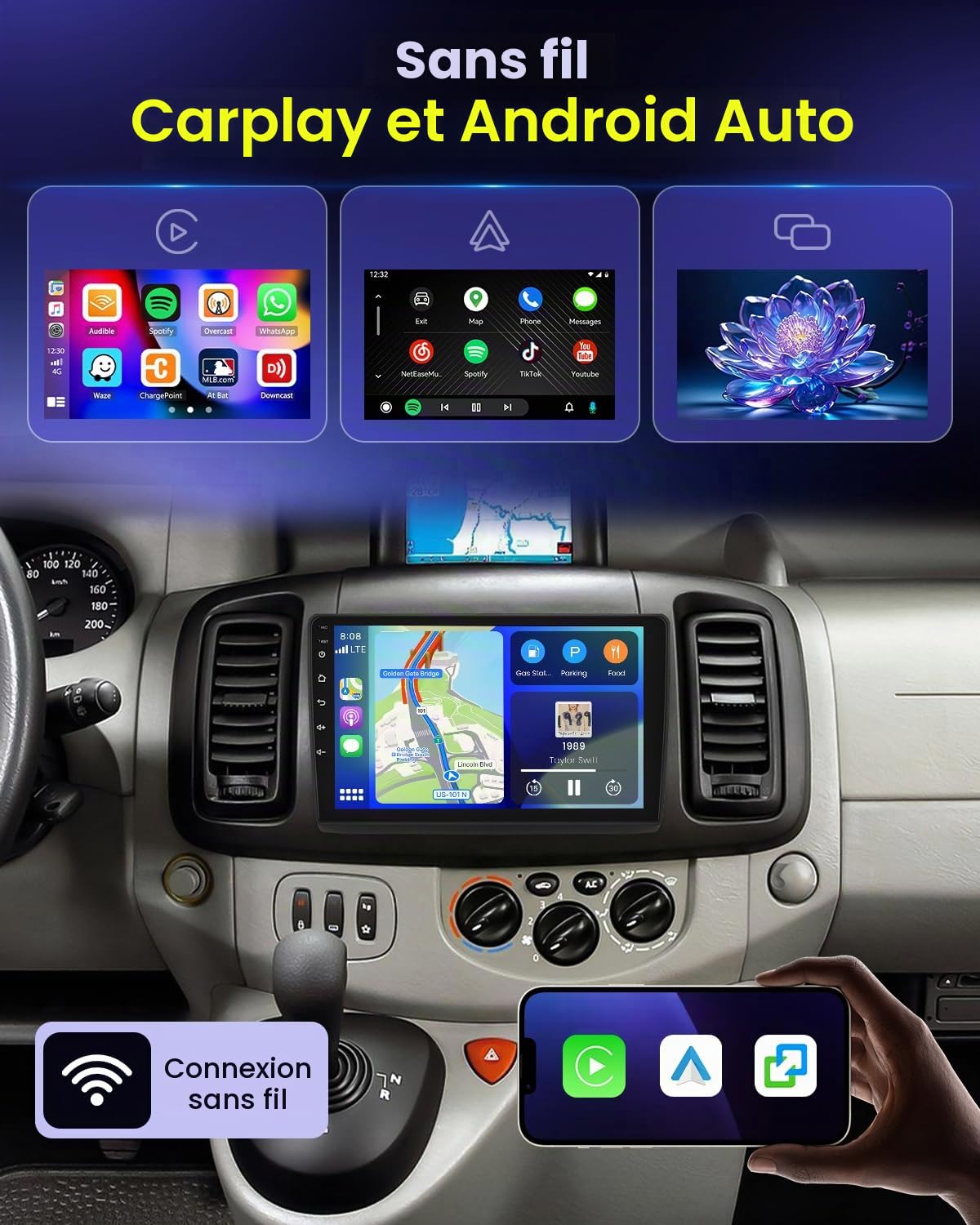 Hikity Android 15 2G+64G Autoradio Carplay pour Renault Trafic II 2001–2010