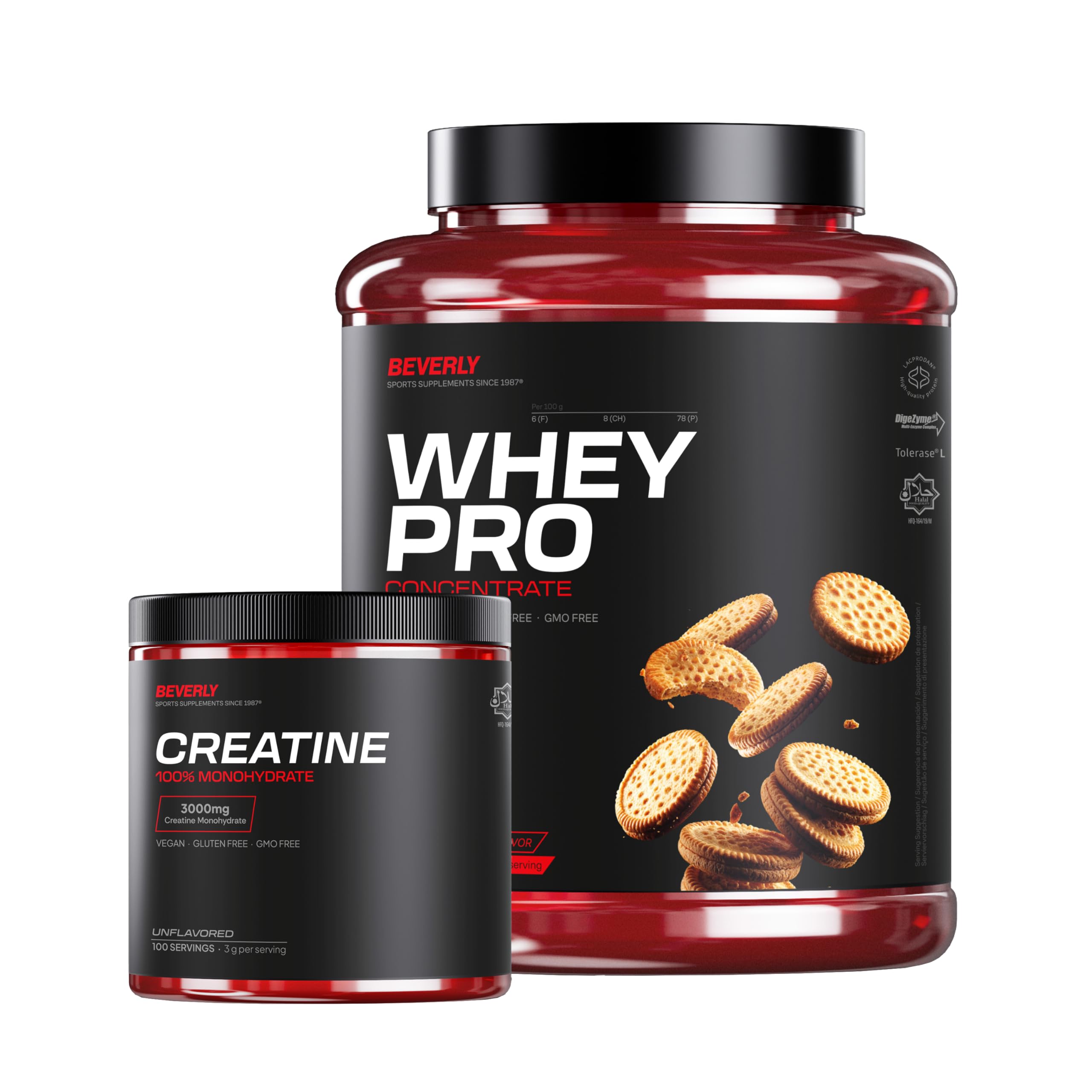 Beverly PACK WHEY PRO | Whey Protein Concentrate Premium + Creatina 300 g | 28 g Proteína por Toma | 58 Servicios Proteína | 100 Servicios Creatina (Butter biscuit)
