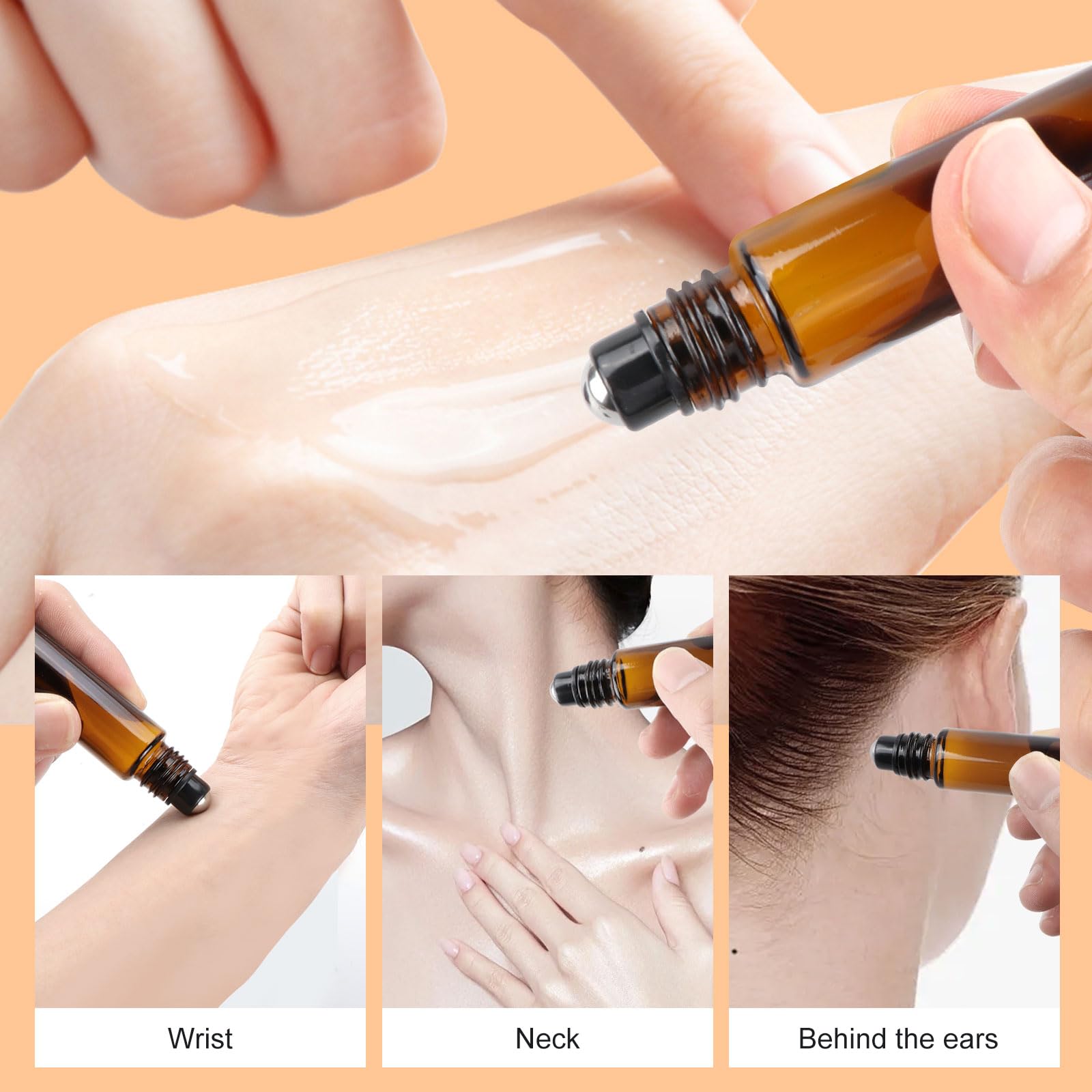 Roll on Aceites Esenciales 10ml, 12 pcs Roll On Rellenable con Roll-on Bola de Acero Inoxidable, Essential Oil Bottle, Marrón Botellas Roll On Cristal para Perfumes, Masajes, Aromaterapia