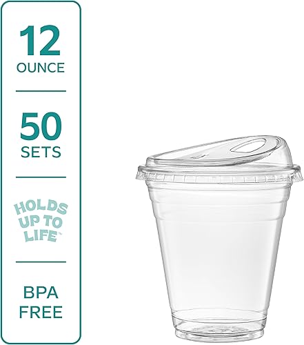 Miniatura 2 de GUSTO Vasos de plástico transparente con tapas 12 oz - 50 unidades - Vasos desechables para bebidas de café helado con tapas para sorber sin pajita