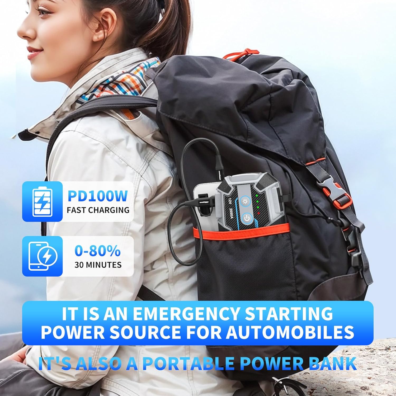 2000A Car Jump Starter PD100W Fast Charging Portable Power Bank IP67 Waterproof Jump Box,Exclusive Magnetic Hook, 4 Mode LED Flashlight,12V Portable Battery Booster for Cars Trucks SUV