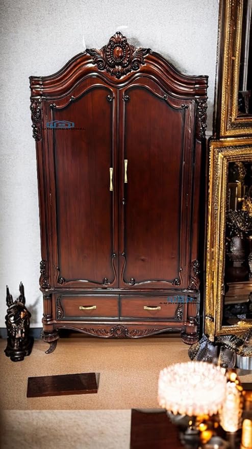 A.M INTERNATIONAL Wooden Carved Wardrobe Cabinet Storage for Home, Kitchen, livingriim Solid Teak Wood with Size 7.5 * 4 ft in Walnut matt Finish