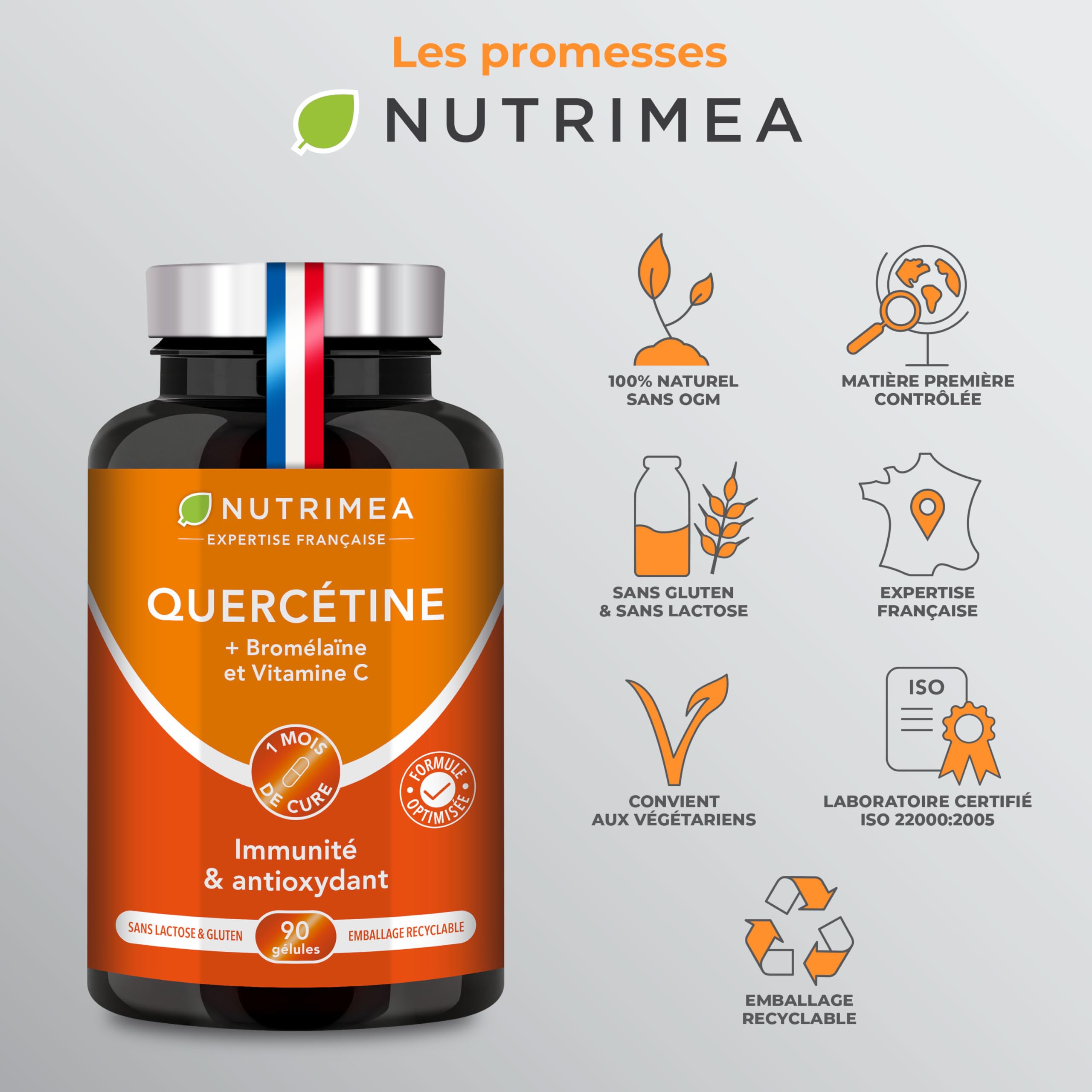 QUERCETINE - 600 mg - Vegan & Sans Excipient - Avec Bromelaine & Vitamine C Végétales - Puissant Antioxydant, Renforce l'Immunité - Nutrimea - 90 Gélules - Fabriqué en France