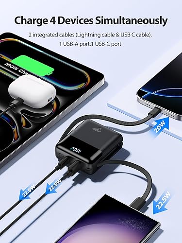 Miniatura 5 de Aioneus Cargador portátil de 10000 mAh, batería de 22.5 W, carga rápida, batería con cables USBC integrados, cargador portátil pequeño banco de