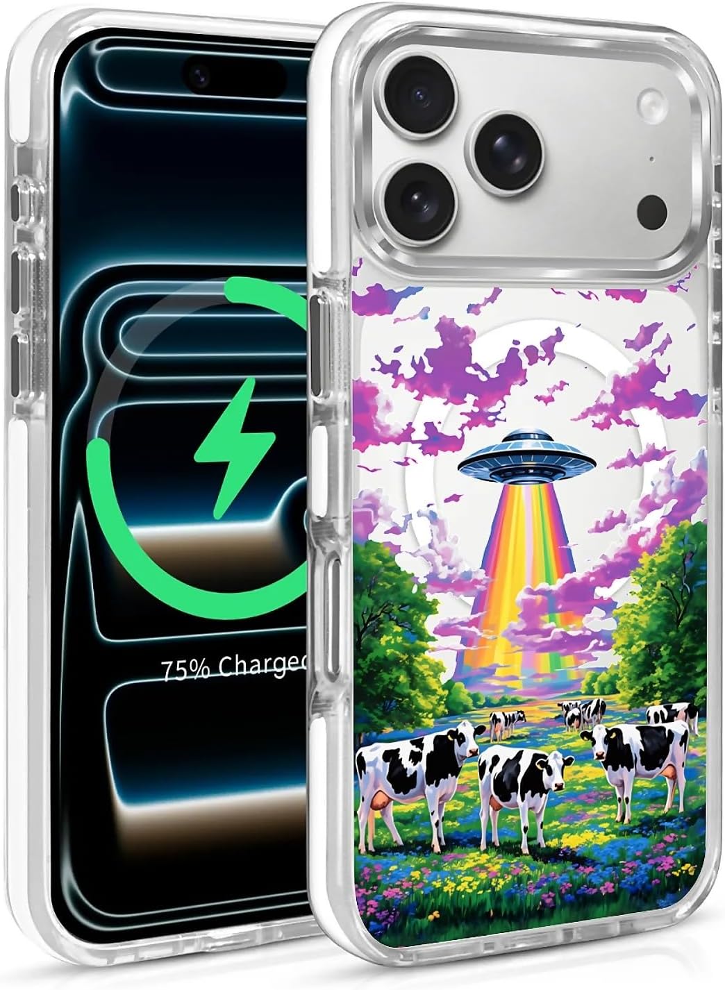 for iPhone 17 Pro Max Case for MagSafe, Clear White with Design Drop Proof Rugged Magnetic Charge Shockproof Compatible with iPhone 17 Pro Max UFO Rainbow Beam Over Pasture Cows