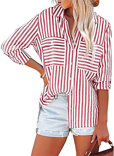 Miniatura 3 de Camisas largas con botones para mujer, ajuste holgado, manga larga, a rayas, con bolsillo con solapa, camisetas informales y elegantes para el