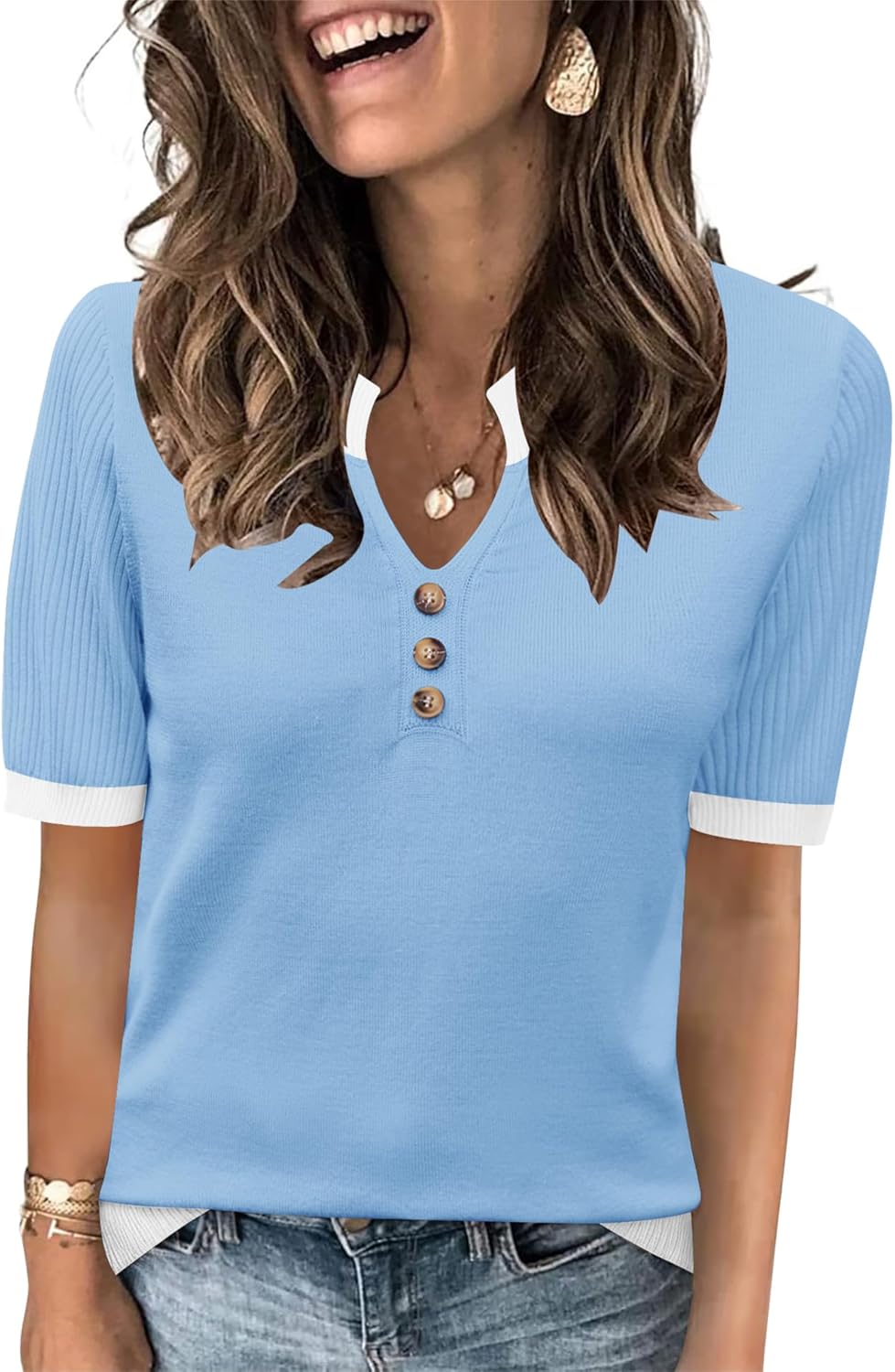 LOMON Women Short Sleeve Sweater 2026 Spring Summer Trendy Tops V Neck Dressy Casual Work Pullover Sweaters