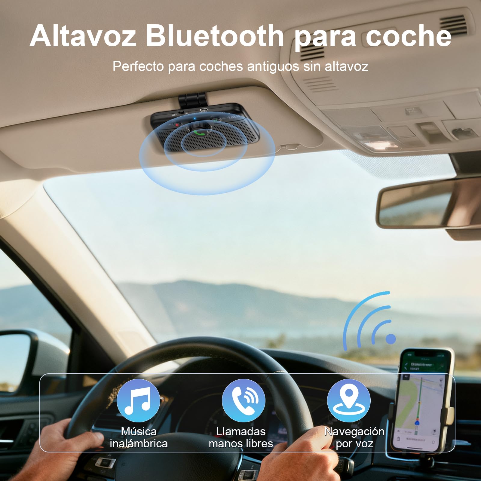1Mii Manos Libres para Coche Bluetooth 6.0, Kit de Altavoz Bluetooth para Coche, Reconexión Automática, Siri y Google Voice Assistant, Llamadas, Navegación y Música Manos Libres, 35H de Autonomía