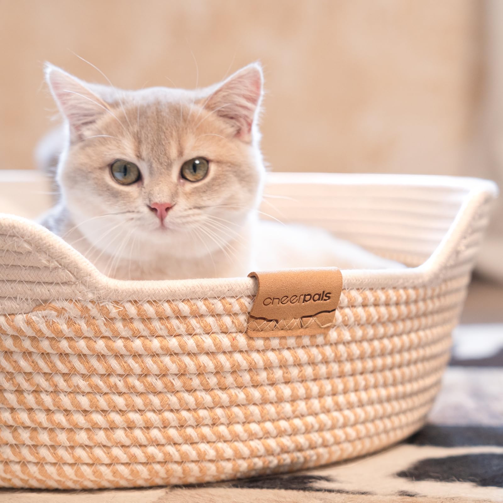 CheerPals Katzenbett mit Kissen, 47cm Waschbar Katzenkorb aus Baumwollseilen geflochten, zum Schlafen für Alle Katze, All Season Universal