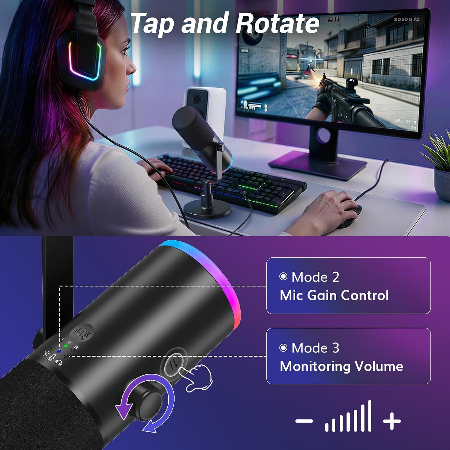 TONOR Dynamic Gaming Microphone, XLR/USB Mic Streaming, AI Noise Cancellation, Controlable RGB, Tap Mute, 3.5mm Headphone Jack, Volume Control, Microfono with Desktop Stand, Black, TD510 AIR S