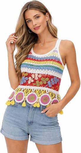 Women's Crochet Cotton Crop Top, Boho Beach Style, Floral Medallion Detail, Sleeveless, Handmade