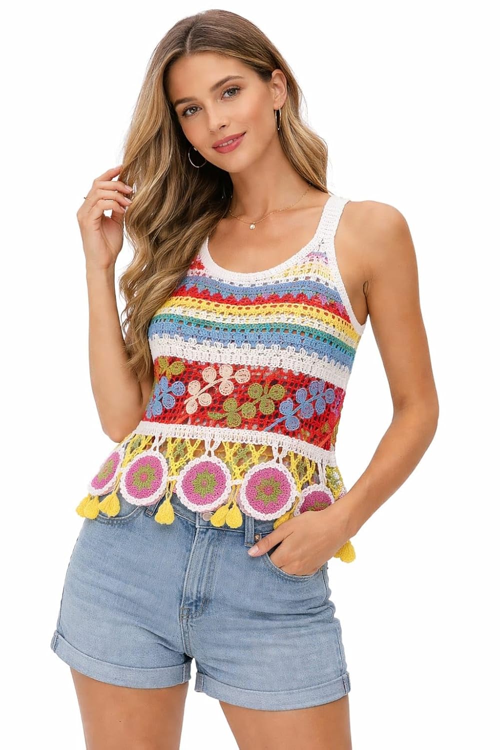 Women's Crochet Cotton Crop Top, Boho Beach Style, Floral Medallion Detail, Sleeveless, Handmade - Review, Price and Buying Guide
