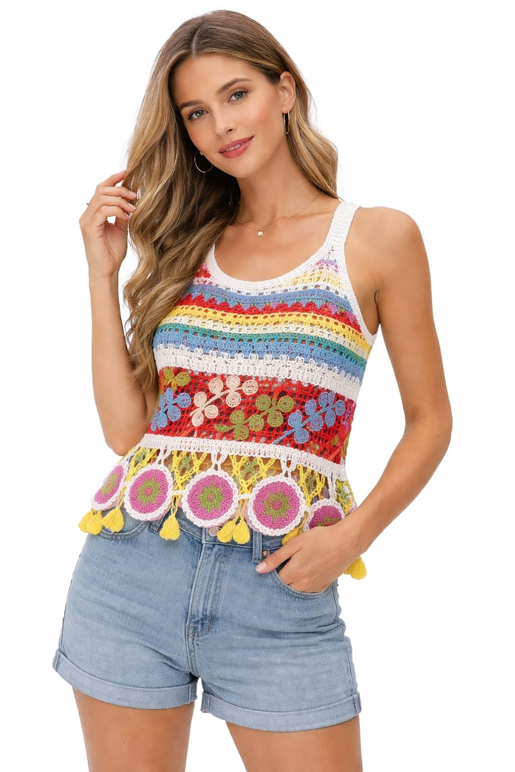 Women's Crochet Cotton Crop Top, Boho Beach Style, Floral Medallion Detail, Sleeveless, Handmade-picture-44