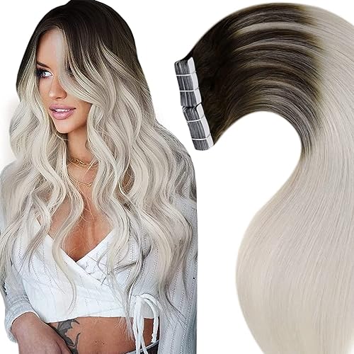 LaaVoo Blonde Human Hair Tape in Extensions Balayage #4 Dark Brown to #60 Platinum Blonde Ombre Tape in Extensions Remy Human Hair Straight 20 inch 20pcs/50g