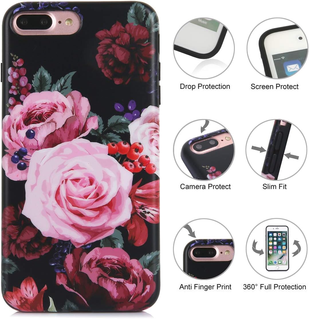TRENSOM iPhone 8 Plus Black Case iPhone 7 Plus Case Matt Pink Rose Red Peony Flowers Floral Pattern IMD Hybrid Hard TPU Shockproof Phone Cases for Women Girls[5.5"]