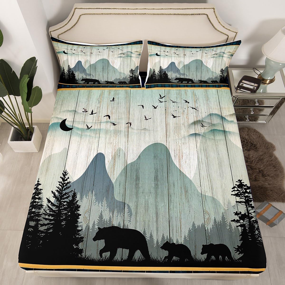 Rustic Bear Fitted Sheet Queen for Adult Women Wild Animal