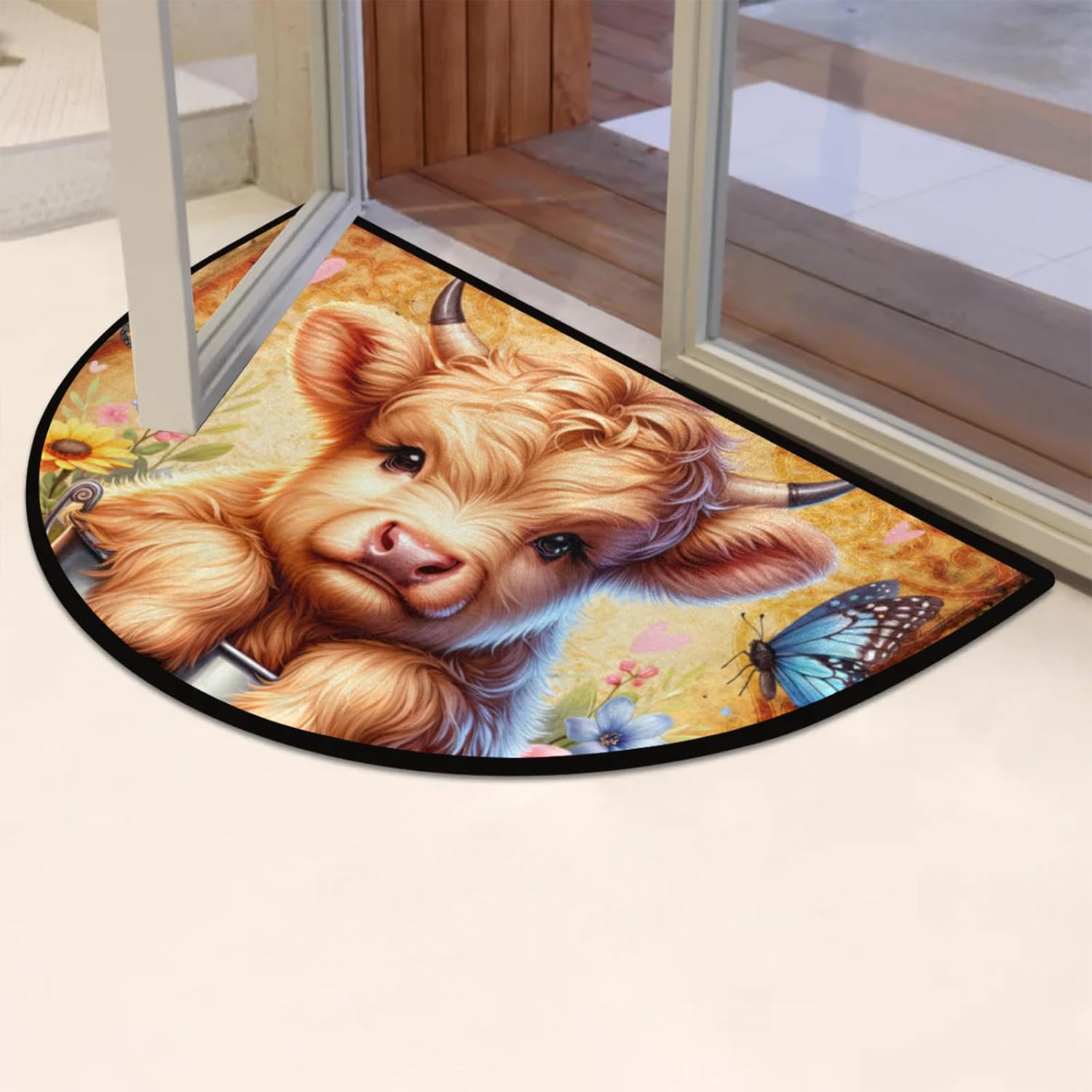 cfpolar Half Round Door Mat Vintage Alpine Cow Non-Slip Semi Circle Area Rug Washable Semi Circle Floor Rug for Indoor Outdoor Living Room Bathroom Kitchen Patio Hearth Rugs Home Decoration