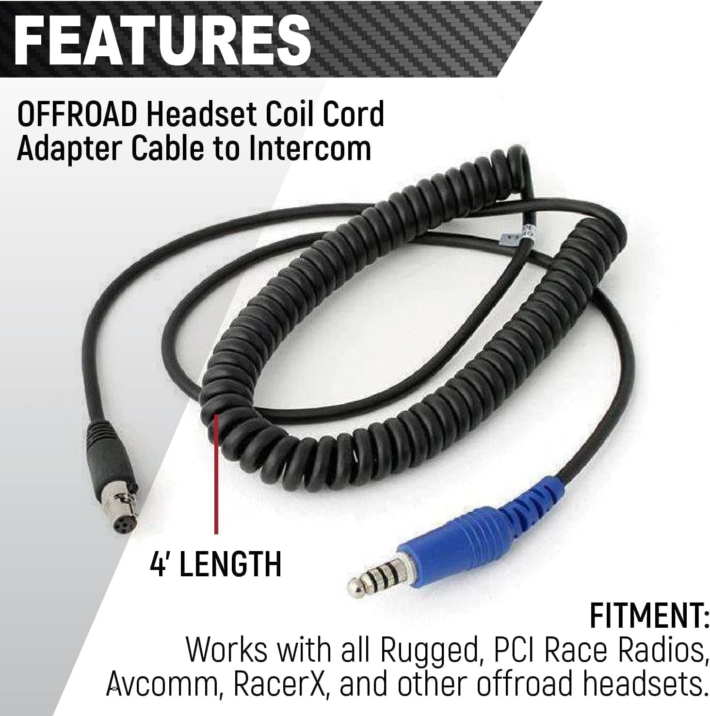 Rugged Radios Carbon Fiber Behind The Head Headset and Adaptor Cable for Intercoms – Features 5-Pin to Off Road Coil Cord and Volume Control Knob 3.5mm Input Jack