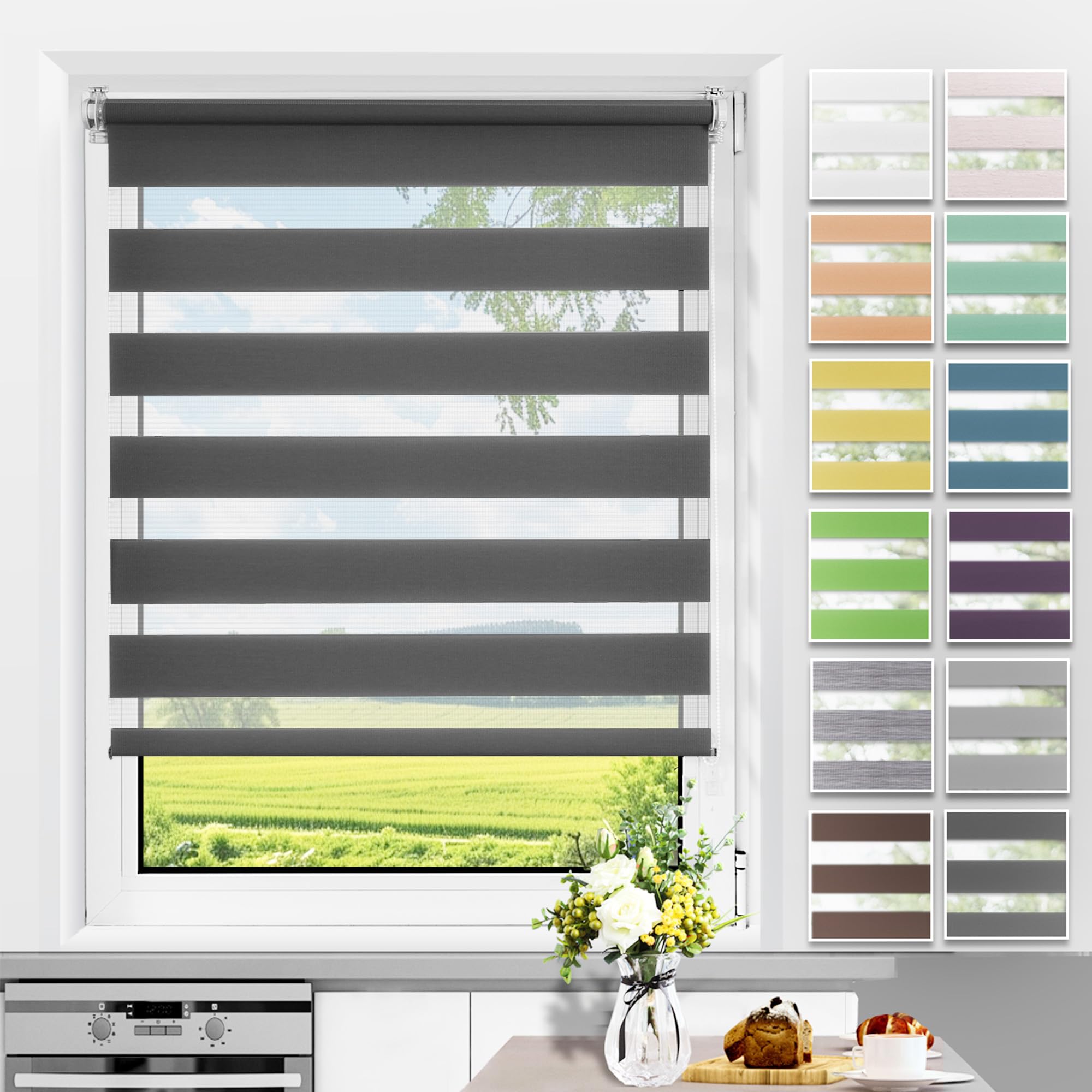 Allesin Doppelrollo Klemmfix ohne Bohren & mit Bohren, Duo Rollos für Fenster und Tür, Klemmrollo Fensterrollo lichtdurchlässig Sichtschutz, B65 x H130cm (Stoffbreite 65cm) Anthrazit