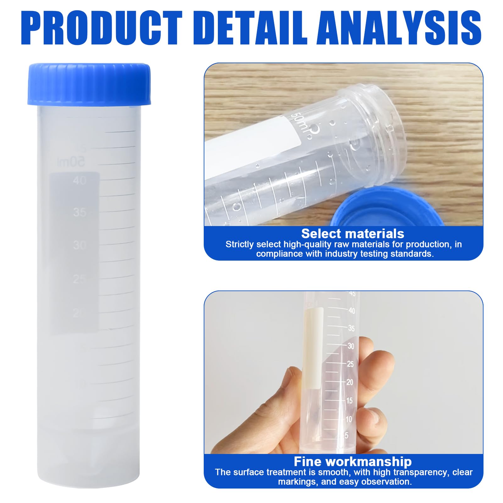 50pcs 50ml Reagenzglas Kunststoff Zentrifugenröhrchen, Blau Reagenzglas Zentrifugenröhrchen mit Schraubverschluss Abgestuften Probenbehälter für Labor Chemie Experimente, Konische + Flachboden (Blau)