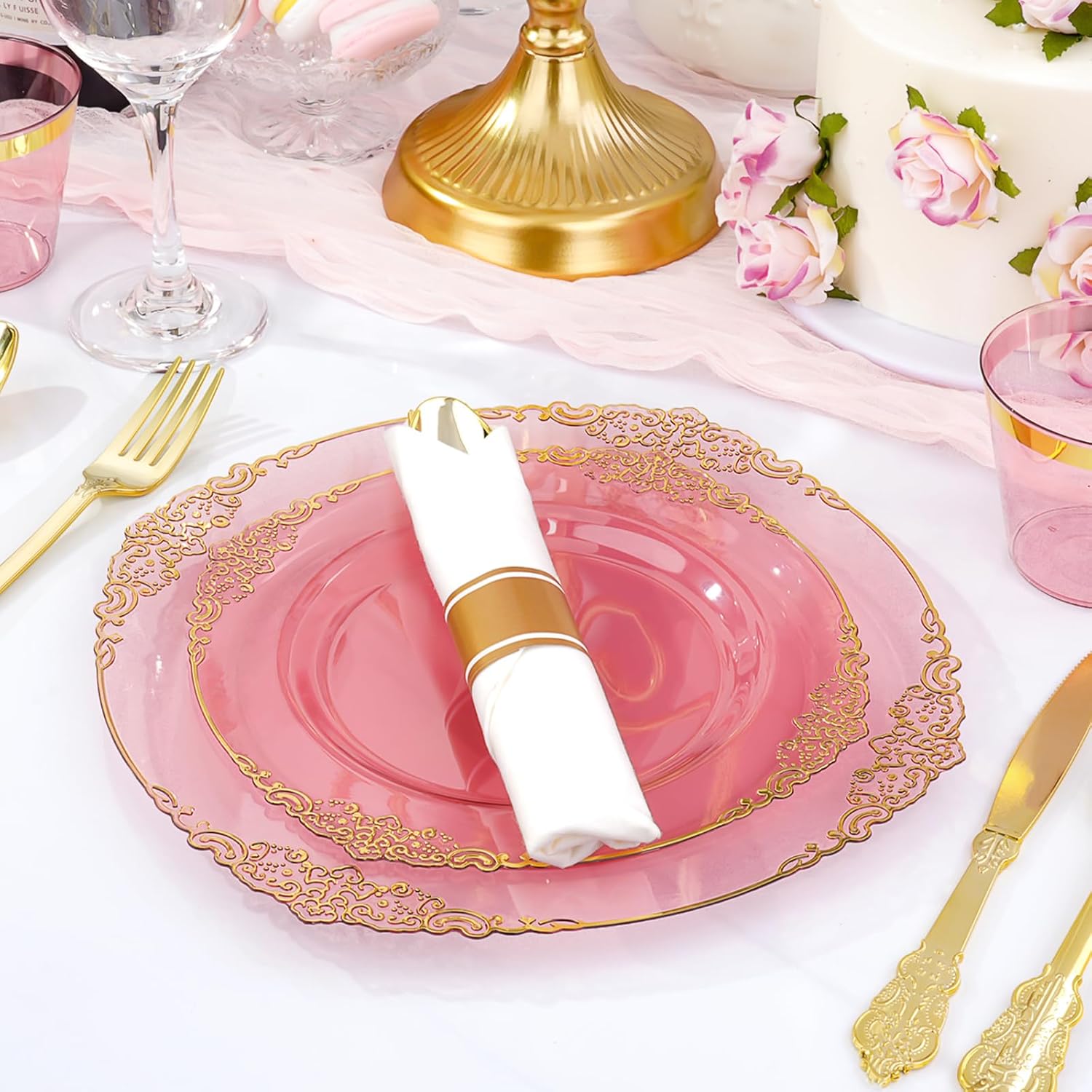 350 PCS Burgundy and Gold Plastic Plates, Disposable Dinnerware Set for 50 Guests, 100 Disposable Plates, 150 Silverwares, 50 Cups, 50 Napkins for Wedding, Party, Graduation - Image 5