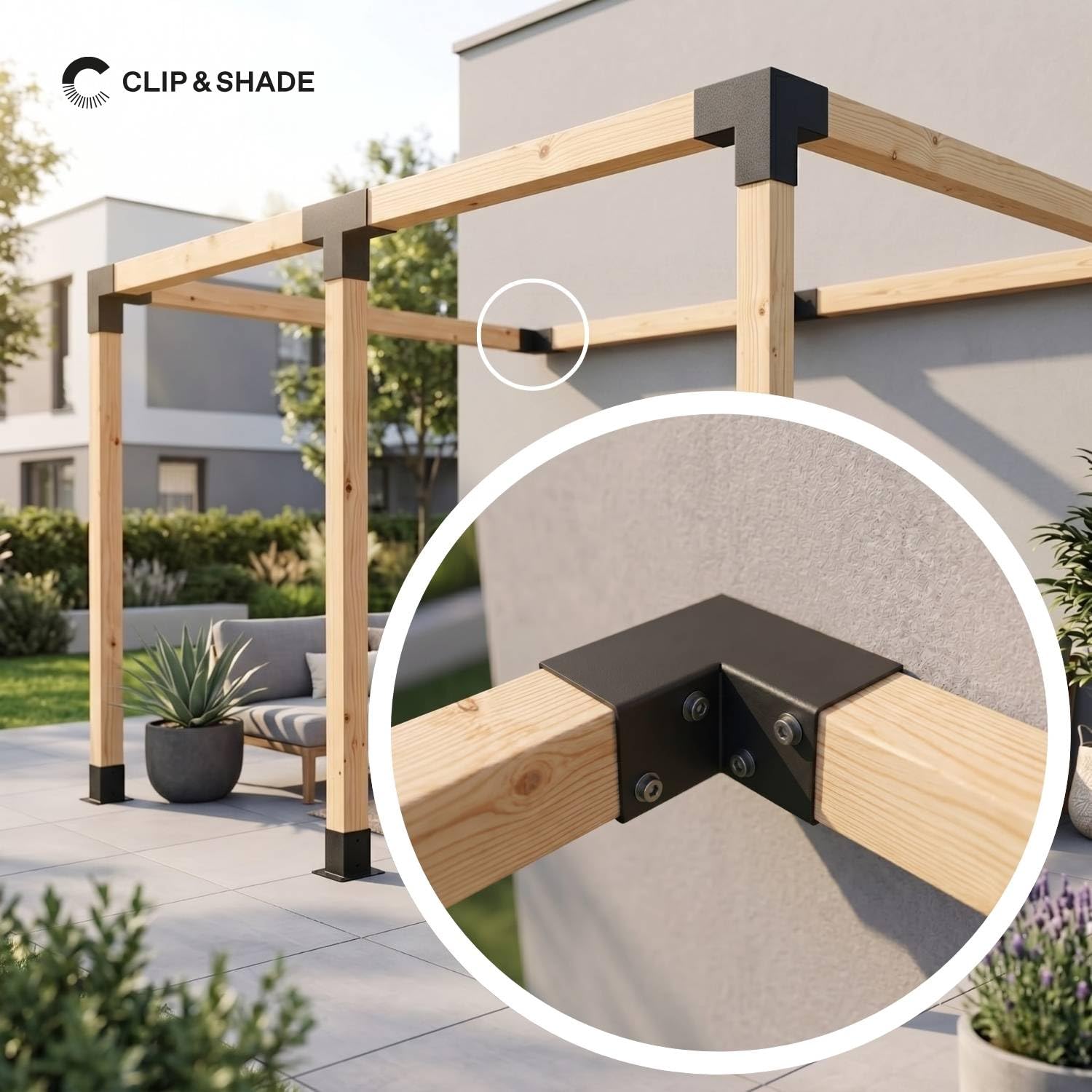 CLIP & SHADE Pfostenträger 90x90 L-Eckverbinder 2-Wege für Holzpfosten | Balkenschuhe 9x9 verzinkt & pulverbeschichtet | Pfostenverbinder für Pergola, Carport, Terrassenüberdachung