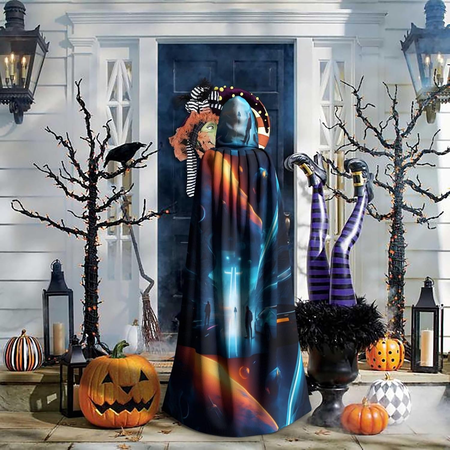 Science Fiction Future Men Women Halloween Role Play Party Decoration Hooded Poncho Black