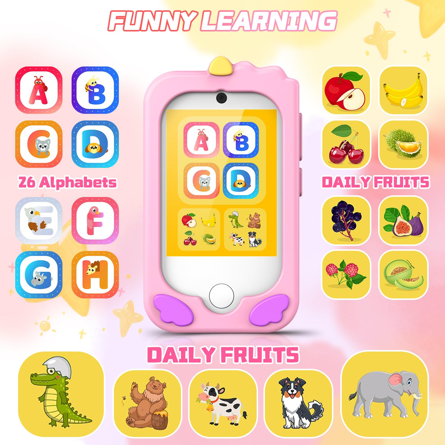 Smartphone Niños Teléfono de Aprendizaje de Pantalla táctil para niños con Doble cámara 2.8 Pulgadas Pantalla táctil teléfono de Aprendizaje Juguete de Aprendizaje con Tarjeta SD 3-9 años