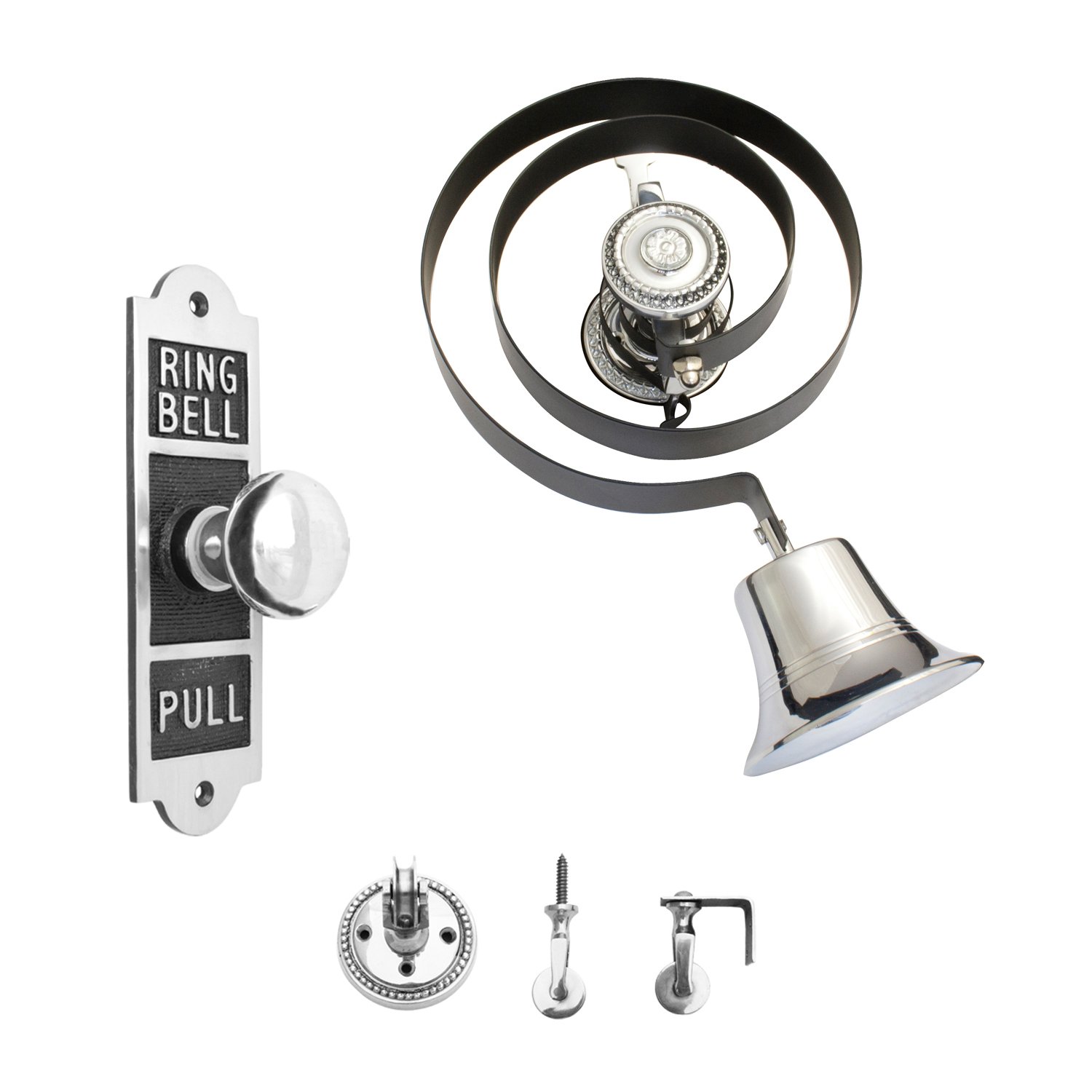 House Of Brass Chrome & Black Traditional Butlers Bell & Shaped Chrome/Black Pull With Nylon Cord