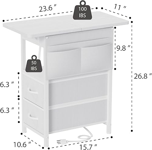 Miniatura 3 de Mesa auxiliar pequeña con estación de carga, mesita de noche estrecha con bolsillo de almacenamiento para sala de estar, dormitorio, mesa auxiliar