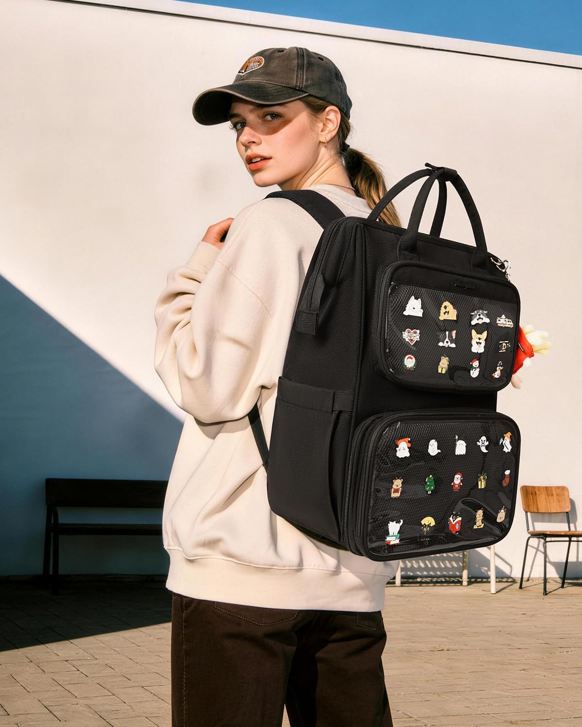 Ita Backpack with Lunch Compartment, Ita Bag Pin Display Lunchbox Back Pack with Insert, 15.6 Inch Laptop College Backpack for School, Travel Bookbag with Lunch Box for Commute Cosplay Concert, Black
