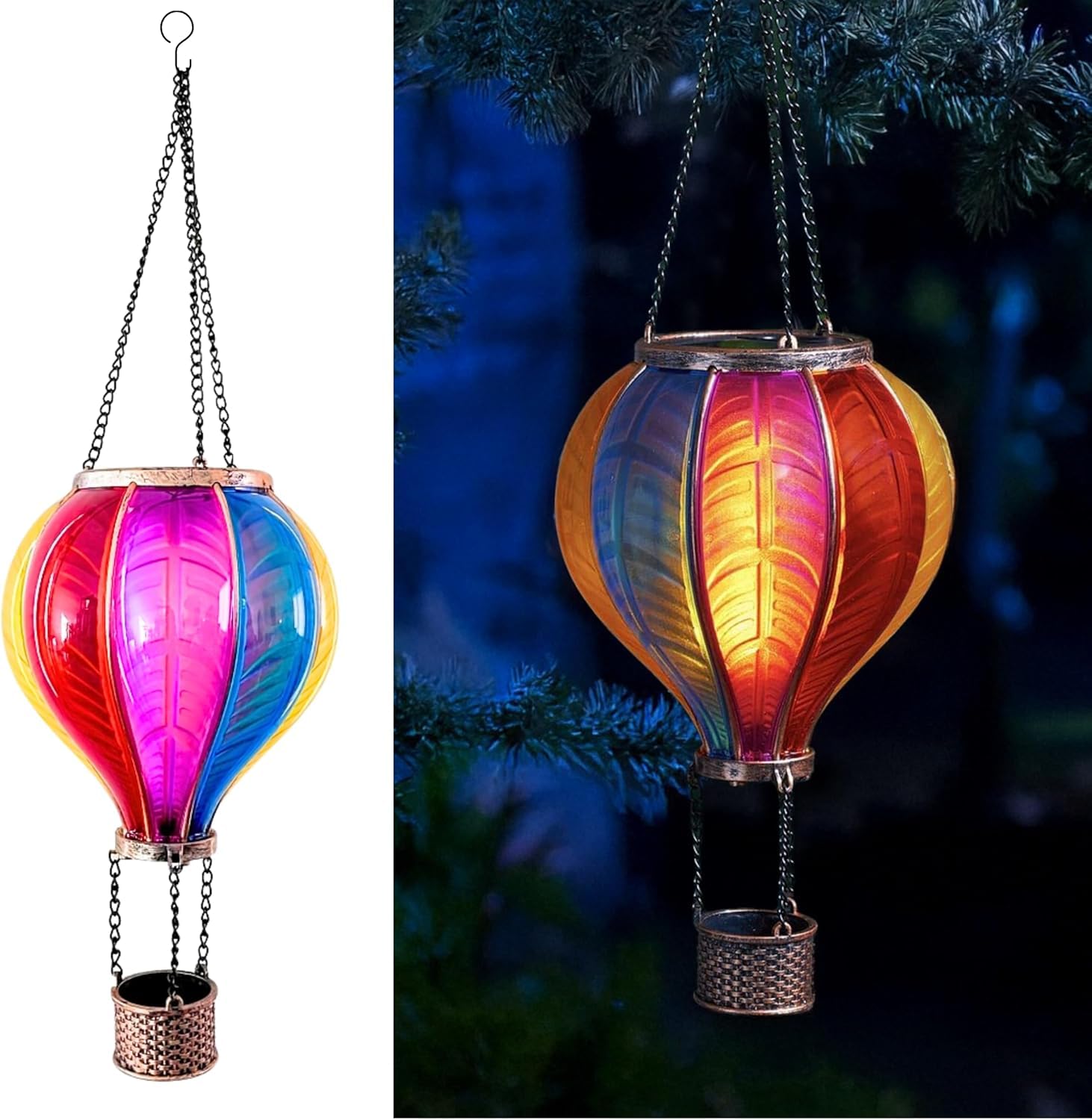 Garden Mile Solar Heißluftballon Laterne 80cm - LED Flammeneffekt Hängende Gartenleuchte mit Multicolor Glaseffekt, Solarbetriebene Außenlaterne für Garten, Terrasse & Baumdekor