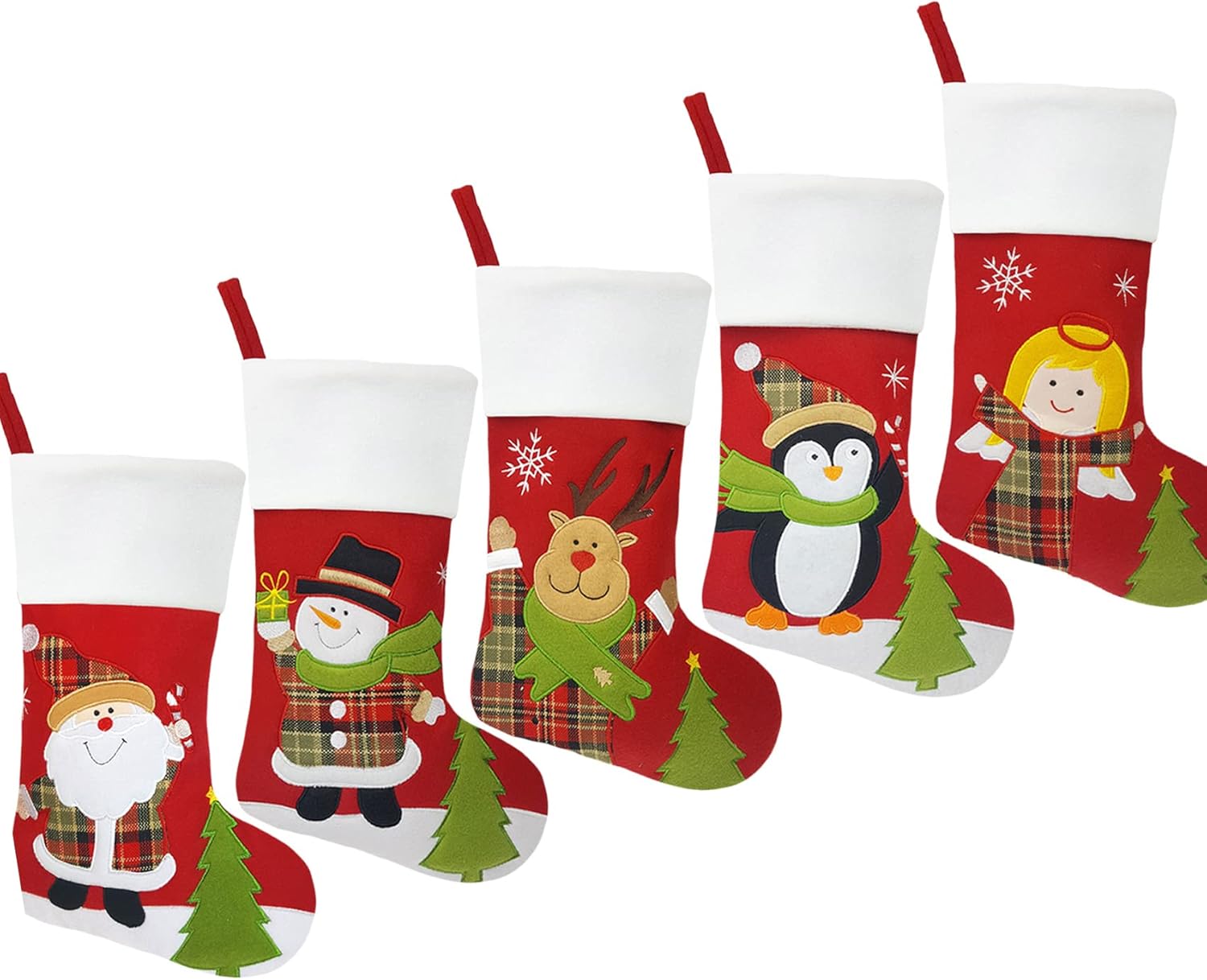 Set of 5, 18" Dia Lovely Personalized Christmas Stockings with Embroidery Names, Quality Fleece Material Stockings for Family Decor(Santa Snowman Deer Penguin Angel)