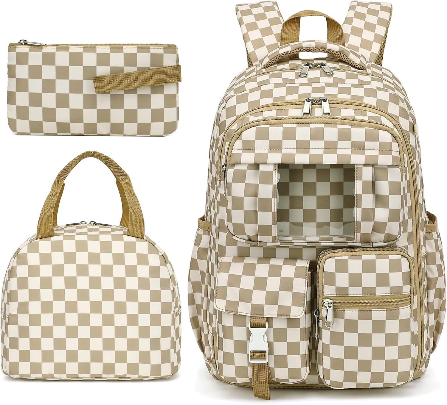 Girls School Backpack Set - Teens Kids School Bag Bookbag with Lunch Box Pencil Case for Elementary Middle School (Checkered Purple)