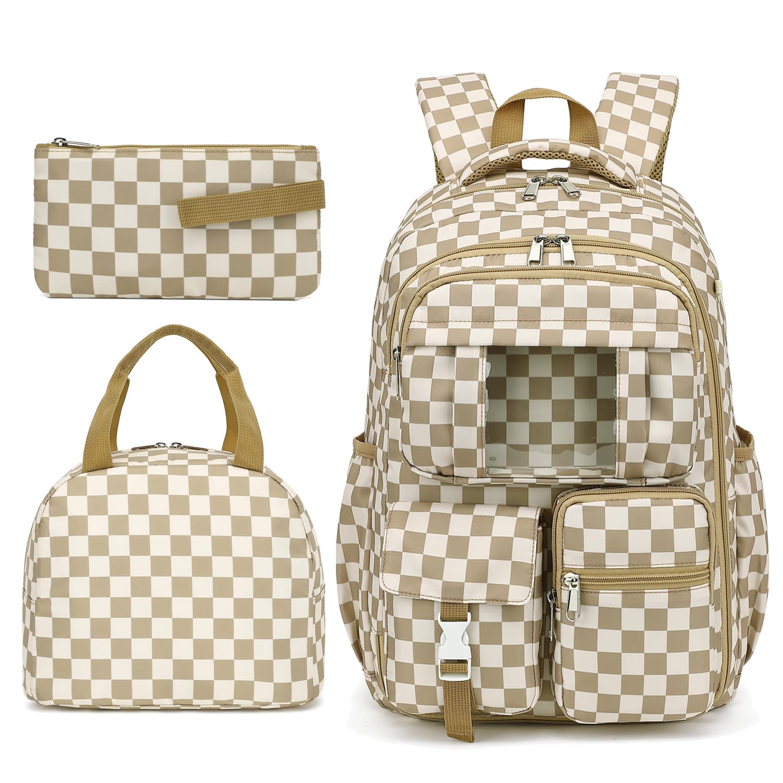 Dezcrab Girls School Backpack Set - Teens Kids School Bag Bookbag with Lunch Box Pencil Case for Elementary Middle School (Checkered Khaki)