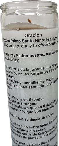 Miniatura 7 de Veladora de rezo Santo Niño de Atocha, oración al reverso en español para peticiones especiales. blanca sin esencia 14 oz baso de cristal