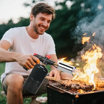 Powerful Propane Torch Grill & Cooking, Adjustable Campfire Starter, Torch Burner by Propane, MAP and MAPP, for Searing Steak, BBQ, Soldering, Gas Tank Not Included, Silvery