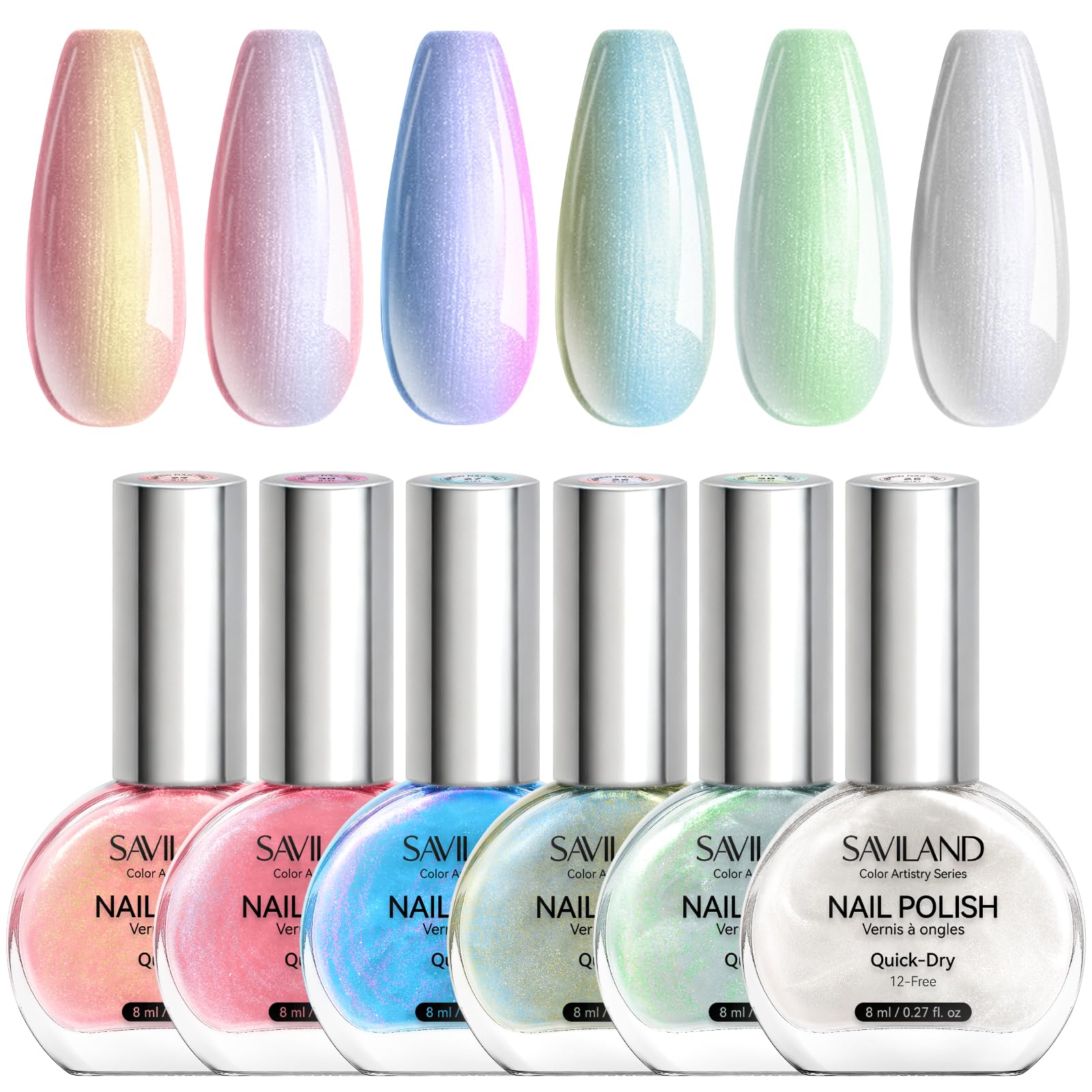 SAVILAND Pearlescent Nail Polish Set: Quick Dry Mermaid Nail Polish 6-Color Pearl Pink Blue White Nail Lacquer Polish Kit 12-Free with Castor Oil