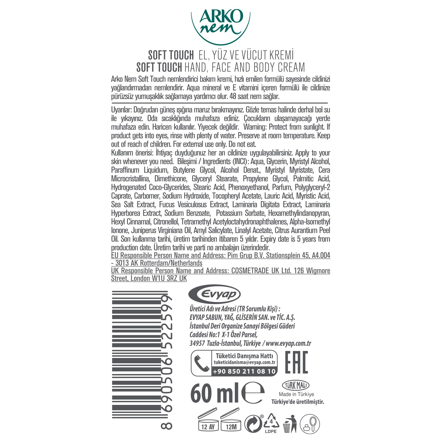 ARKO NEM Soft Touch Bakım Kremi, 60 ml