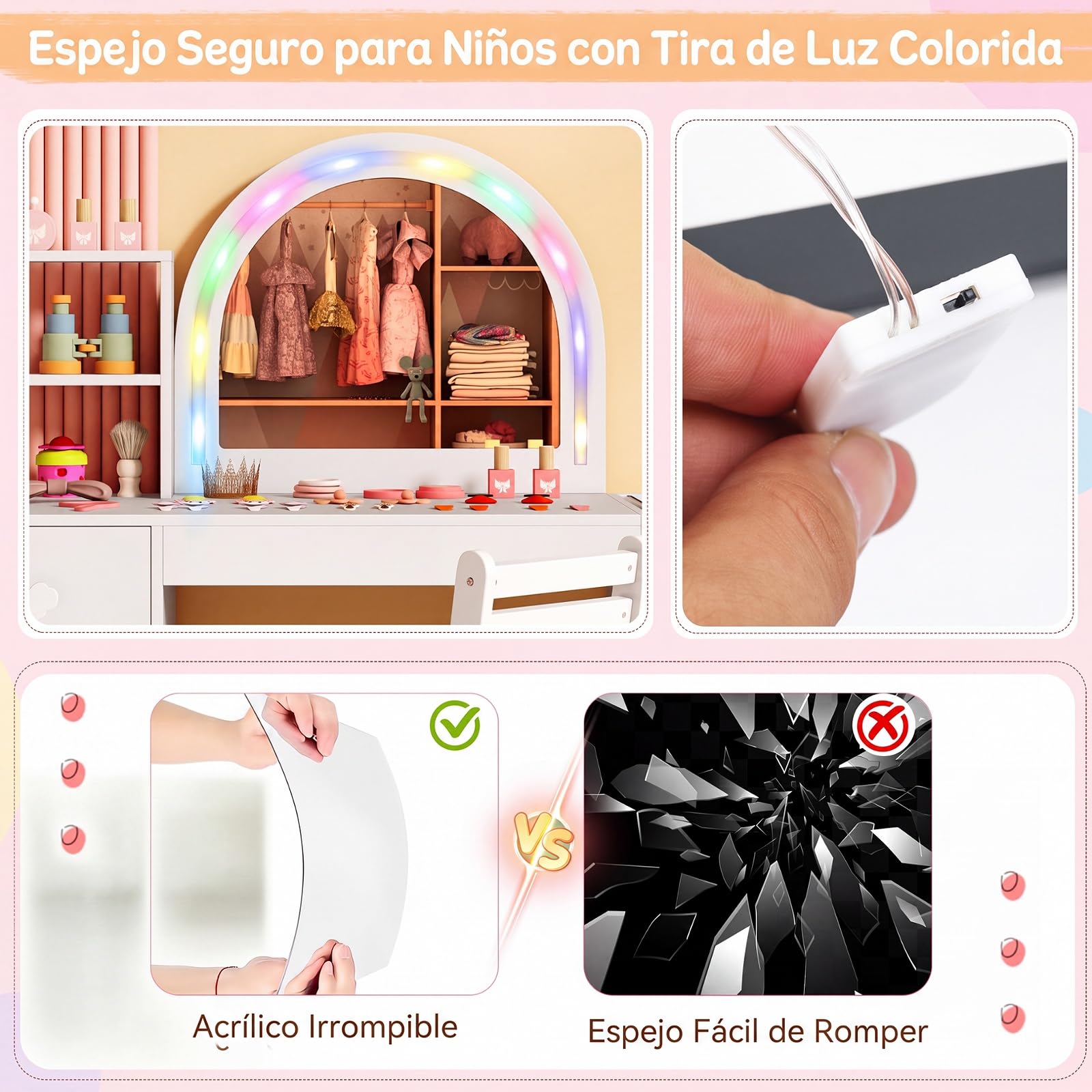 GOPLUS Tocador y Silla Infantil para Niños de 3+ Años (Blanco) | Tocador para Niñas con Espejo Iluminado, Estantería de 2 Niveles, Cajón, Silla Cómoda, Mesa de Maquillaje de Princesa