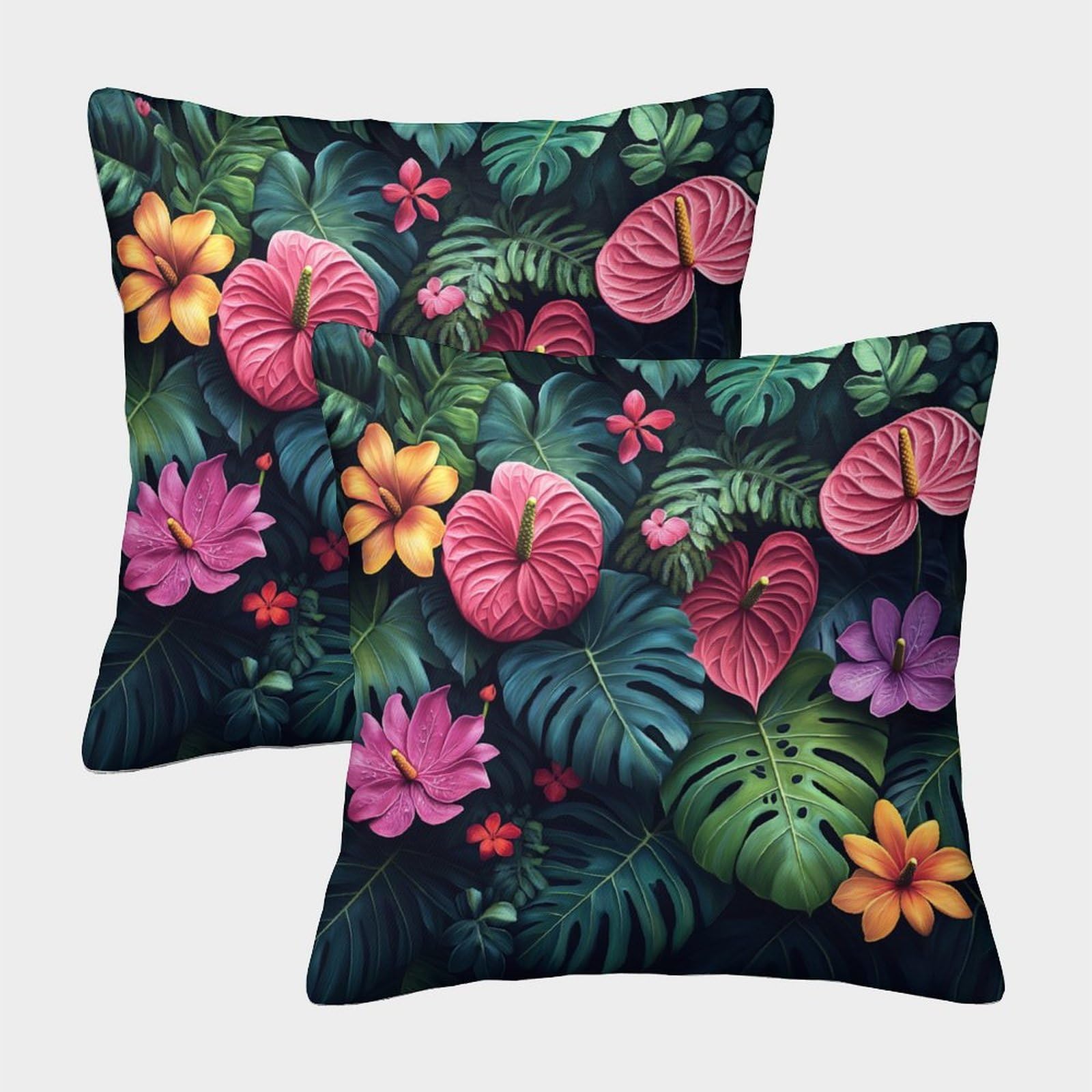 kaiyun 2 Pack Monstera And Palm Trees, Pink Anthurium Flowers 3D Cushion Cover Pillow Cover Sofa Outdoor Decoration Square 40x40cm