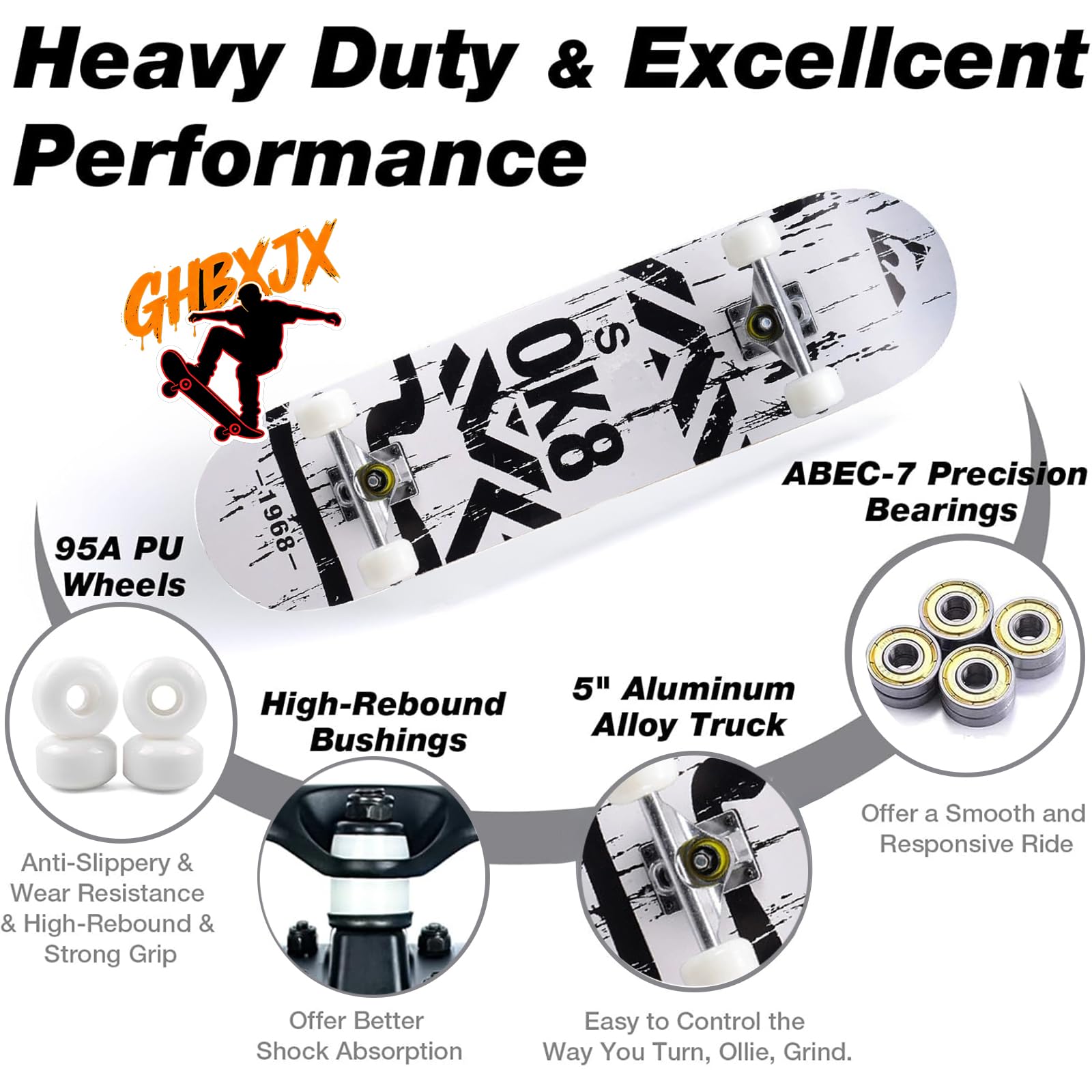 Skateboard 31x8 Zoll Komplette Cruiser Skateboard für Kinder Jugendliche Erwachsene, 7-Lagiger Kanadischer Ahorn Double Kick Deck Concave mit All-in-one Skate T-Tool für Anfänger